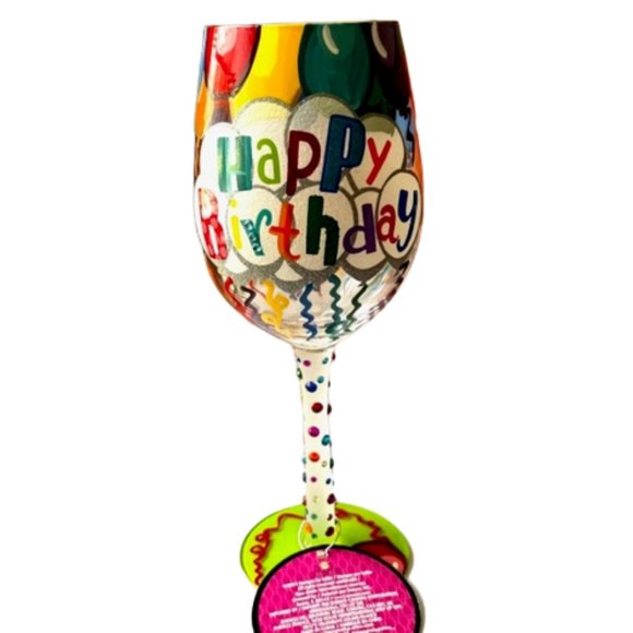 Lolita "Birthday Streamers" 15 oz Hand Painted Birthday Wine Glass - Picture 1 of 8